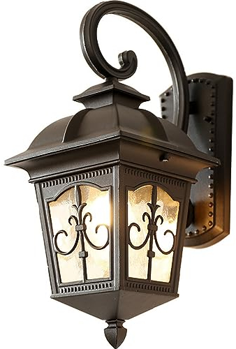 Quevia-Eletro Antike Wand Außenleuchte Wandlampe Aussen,IP44 Aluminium Rustikaler Stil Wandlampen Außen Hof Zaun Außenlampe E27 Antik Hängend Wandlaterne Glas Lampenschirm Balkon Gartenlampe 18.5CM