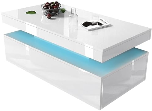 Blisswood Led Coffee Table With 2 Drawer Storage, High Gloss Coffee Table For Living Room Wooden Centre Table With RGB Led Lights Rectangle Tea Table For Living Room Furniture (White)