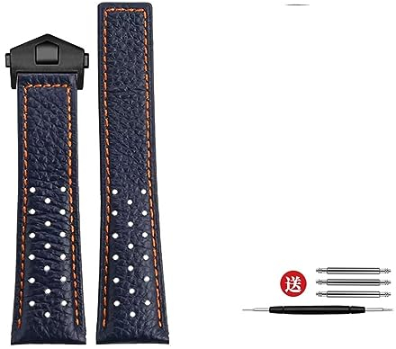 REFKIT 22mm Weiches, Atmungsaktives Lederarmband Blau for TAG for HEUER Armband for MONACO for CARRERA Uhrenarmband Armband Faltschließe (Color : 17 Blue Orange black, Size : 22mm)
