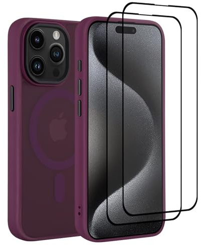 32nd Magnetic case cover for iPhone 15 Pro (6.1) Compatible with MagSafe + 2 Screen Protectors, Slim Back Shockproof Protective Phone Cover - Burgundy