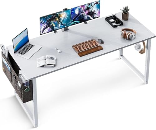 ODK Scrivania per Computer, Scrivania da Ufficio, Scrivania da Lavoro con Borsa Portaoggetti e Gancio, Tavolo Gaming per Cuffie per Studio, Camera da Letto (138x50x73.5cm, Bianco)