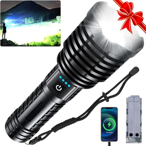 Linternas recargables de alto lúmenes, 5000.000 lúmenes, linterna súper brillante, linterna táctica LED impermeable de mano, con zoom, 5 modos, tiempo de funcionamiento de 31 horas, funda para camping