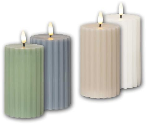 world-trading-net - 4er Set LED Stumpenkerzen STRIPE, Höhe 15cm, Durchmesser 7,5cm, weiß, beige, grün, blau, Timer, 3D Flamme