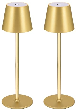 Zoeger 2 Stück LED Dimmbare Akku Tischlampe Kabellose, Wiederaufladbar Warme Lichtfarbe 3000K Tischleuchte Für Innen und Aussen mit USB-C, Aluminium, IP54 Wasserdichte (golden)