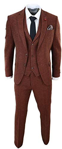 Costume Homme 3 Pièces en Tweed à Chevrons en Laine Mélangée Style Vintage Rétro du Gentleman Britannique | Marron