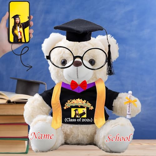 JABECODIFA Graduation Teddy Bear 2025 with Graduation Stole and Glasses, Personalised Bear with Bow as 2025 Graduation Gifts for Him/Her as College Graduation Gift for Girls/Boy (8-IN-Text+Photo)