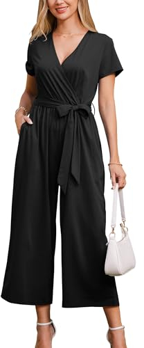 OUGES Jumpsuit Damen Sommer Elegant Overall Lang Playsuit Kurzarm Casual Hosenanzug mit Taschen(Schwarz,M)