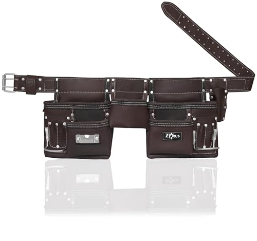 Zytrus Robuster Bauwerkzeuggürtel für Herren, 11 Taschen, echtes Leder, Werkzeug-Organizer mit Befestigungsgürtel-Stil für Tischler und Elektriker (Schokolade)