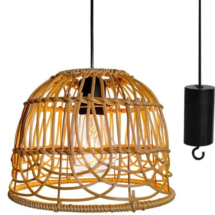 Rattan Hanging Lamp Woven Waterproof Sunproof Battery Powered Pendant Light Timing Warm Light LED Rattan Lamp for Home Tent Yard Outdoor Lighting