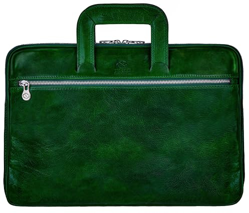 Time Resistance Schlanke Aktentasche aus Leder – Handgefertigte Italienische Computertasche aus Leder – Laptoptasche (Grün)