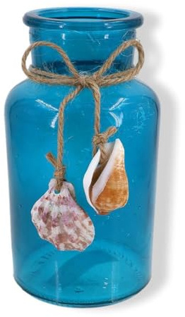 The Bridge Collection 5 Seashell Beach Jar - Coastal Bathroom Decor - Glass Jars With Rope - Sea Bathroom Beach Accessories - Beachy Home Decor - Beach Glass Vase - Blue Jar With Hanging Sea Shells