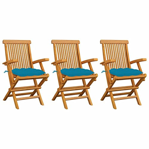 Homgoday Gartenstühle mit hellblauen Kissen, 3 Stück, Massivholz Teak, Möbel, Esszimmerstühle für Garten, Stühle für den Außenbereich, Gartenmöbel