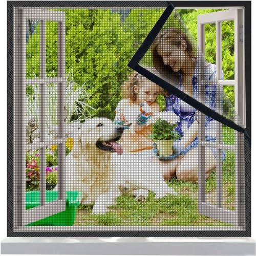 Fliegengitter Fenster Schwarz 80x80cm mit Starkem selbstklebendes Klettband, Kinderleichte Montage, Insektenschutz