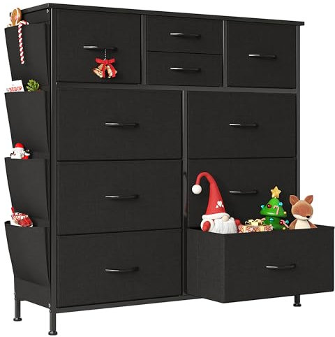 Flrrtenv Commode de 100 cm de large pour chambre à coucher avec 10 tiroirs, organiseur de rangement en tissu pour chambre d'enfant, salon, placard – Noir