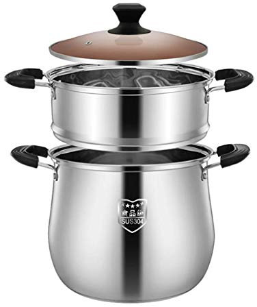 OLSKFUH Olla/Vaporera De Acero Inoxidable 304 para El Hogar, Olla para Sopa con Vaporera, Fondo Doble De Tres Capas, para Cocina A Gas O De Inducción,22cm