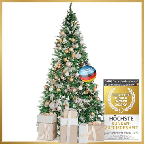 Premium Künstlicher Weihnachtsbaum; Naturgetreuer PVC Tannenbaum mit 1200 Baum-Spitzen; mit Christbaum-Ständer & Schnellaufbau Klappsystem; sehr dichten Zweigen (Schnee - 210cm)