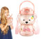 FairyPeach Botella de Paja de Oso Kawaii, Botella de Agua de Oso, Botella Agua con Pajita con Correas y Pegatinas, 1000 Ml, Ideal para Actividades Al Aire Libre y La Escuela (Rosa)