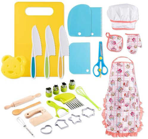 28-Piece Kids Knife Set for Real Cooking toddler knife set for chopping Includes Toddler Knives Cutting Board Sandwich Cutter Peeler and More BPA Free Kids Cutting Knives