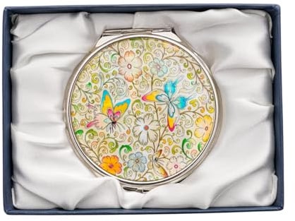 February Mountain Elegant Butterfly and Floral Mother of Pearl Compact Mirror, Dual Magnification (1X & 2.5X) – Lightweight Travel Makeup Mirror in Gift Box (Vine Butterfly)
