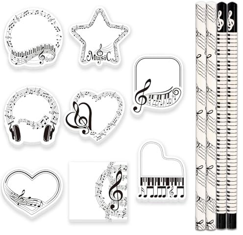 Wisebom 8Pcs Musik Thema Klebezettel Sticky Notes mit 4Pcs Musiknote Bleistifte, Haftnotizen Mit Musikmotiven, HB Standard Musik-Bleistift, Musik Schreibwaren für Kinder, Studenten, Schule, Bürobedarf