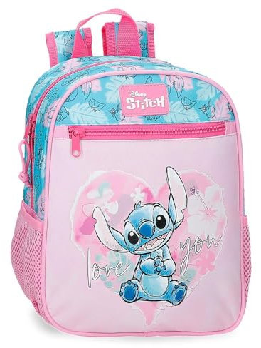 Disney Heart Stitch Sac à dos pour enfant, sac d'école, fabriqué en polyester, poches latérales, bretelles larges réglables, poignée supérieure pour suspendre, système Magic Fix., rose, Talla única
