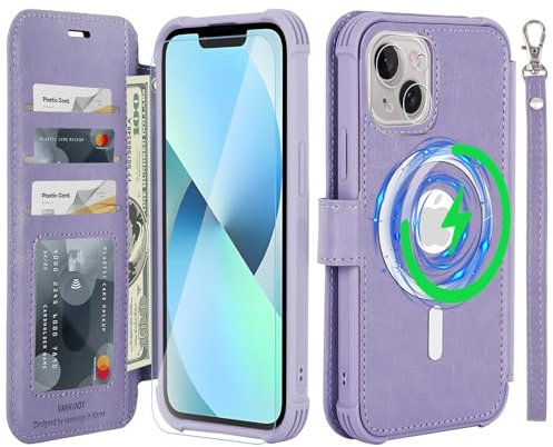 VANAVAGY Wallet Case Compatible for iPhone 14/13 for Magsafe Wireless Charging,Leather Flip Wrist [Glass Screen Protectors]with RFID Blocking Card Holder,Clove Purple