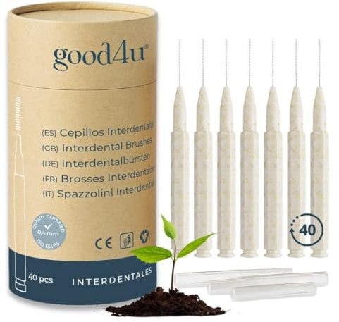 Good4u® - 40 Cepillos Interdentales Biodegradables, Mango de PLA Vegetal, Cepillo Interdental para Limpieza Profunda de Espacios Estrechos y Ortodoncia, Palillos Interdentales Ecológicos (0,4 mm)
