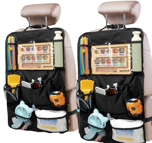 Bafiwu Lot de 2 protections de dossier de siège auto pour enfants avec poche pour tablette de 10 pouces, 8 poches, tissu Oxford 600D imperméable Organiseur de siège auto arrière Protège-dossier de