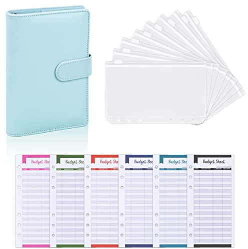 Budget Planner,Briefumschläge Binder,A6 Ringbuch Geld Organizer Leder Notizbuch, Geld Organizer, Sparen Mappe, 8 Pcs Bindertaschen, 12 Pcs Budget Blätter für Schule, Zuhause (Blau)