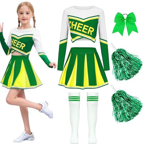 Luckyou Cheerleader Kostüm Kinder Langarm Cheerleader Mädchen mit Pompoms Socken Cheerleading Outfit Kinder für Karneval Halloween Sportfest