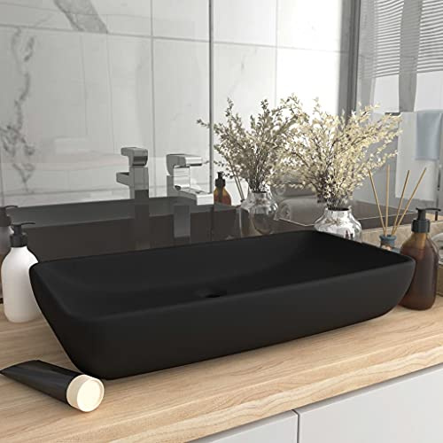Qnhdfrt Luxus Waschbecken Rechteckig Matt Schwarz 71x38 cm Keramik Aufsatzwaschbecken für Badezimmer Gäste WC und Küche Modernes Design mit Abflussloch 4.5 cm