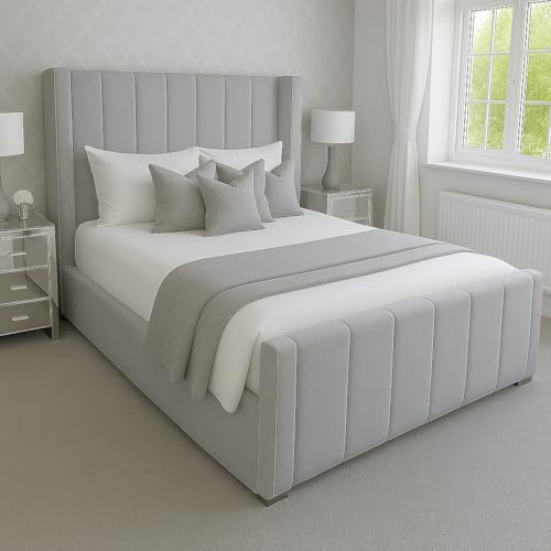 Attock Beds Plush Velvet Wing Panel Bed Frame with Optional Mattress & Ottoman Gas Lift Storage – Luxury Handmade Bed (Grey Plush, King 5ft Bed Frame)