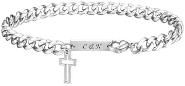 PiercingJak Kreuz Armband Herren Armkette mit Gravur Silber Edelstahl Kettenarmband für Männer Panzerkette Kubanische Figaro Armbänder Charms Schmuck Personaliserte Geschenke für Papa Sohn Bruder