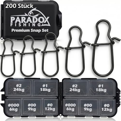 Paradox Fishing Duo Lock Snap Set I 175 Stück #000-#2 mit Box I Snaps Angeln Angelzubehör Snaps Angel Karabiner - für Forellenköder, Hecht-Köder und Barsch-Köder