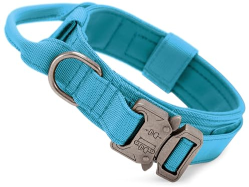 Huntvp taktisch Hundehalsband Verstellbar mit Kontrollgriff, aus Nylon, gepolstert, Metallschnalle, für Mittlere Große Hunde Jagd Training Freizeit Outdoor, Blau L