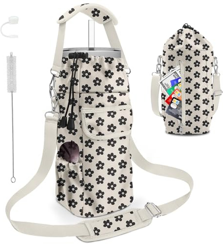 bolimoss Niedlicher Wasserflaschenhalter mit Riemen, 680 ml, 907 ml, 1134 ml, isolierte Wasserflaschen-Tragetasche mit Handytasche, Crossbody, Sport-Wassertasche mit 4 Taschen (Vintage Groovy Floral)