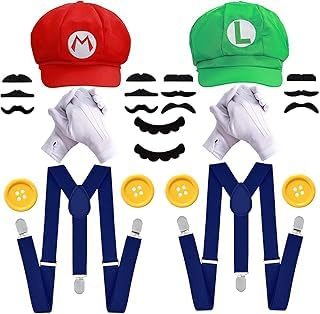 Fartoni Rote und grüne Mützen mit Schnurrbärten, Handschuhen und Knöpfen für Kostüm, Cosplay, Halloween und Karneval.
