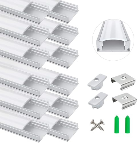 LightingWill LED Profil 12 × 1m, U-Form Aluminium Profil in Silber mit Milchweißer Abdeckung, Endkappen und Montageclips, LED-Schiene für LED-Streifen