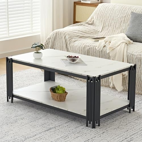 IANIYA Couchtisch, Beistelltisch mit offenem Fach, goldenen Metallbeinen | für kleine Räume, Wohnzimmer, Maße 114 x 64 x 46 cm, mit goldenen Marmoroptik, Simple modern