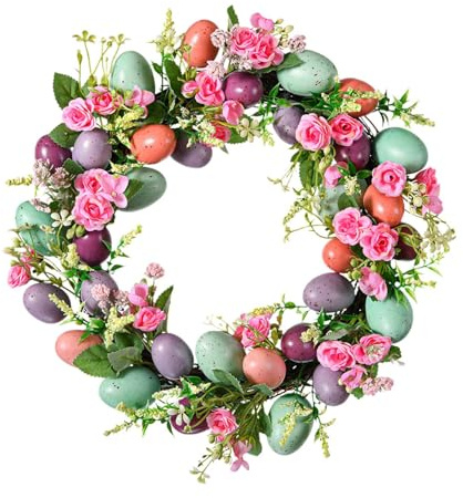 Frühlingskranz für Garten und Haustür, Rattankranz 40cm mit Eiern, Blumen und Rosa Rosen – Hängende Frühlingsdekoration, Wandkranz für Hof und Wohnung