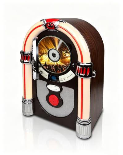 Jukebox with CD Player, Bluetooth, AUX-in Port and Color Changing LED Lights, Mini Digital Tabletop Juke Box Speaker Retro Look, Vintage FM Radio Wireless for Home