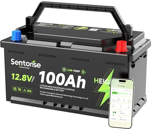 SENTORISE 12V 100Ah LiFePO4 Batterie Bluetooth mit 100A BMS, H190 (188 mm) Tiefzyklus Lithium Batterie, Low Temperature Protection, ideal für Wohnmobil, Wohnwagen, Marine, Solaranlage, Camping