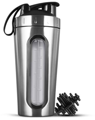 Kueohse Bouteilles Shaker pour Mélanges de Protéines, Le Shaker en Acier Inoxydable Ne Reste Pas Froid/Chaud, Tasses Shaker en Métal avec Fenêtre Visible, Installation Facile