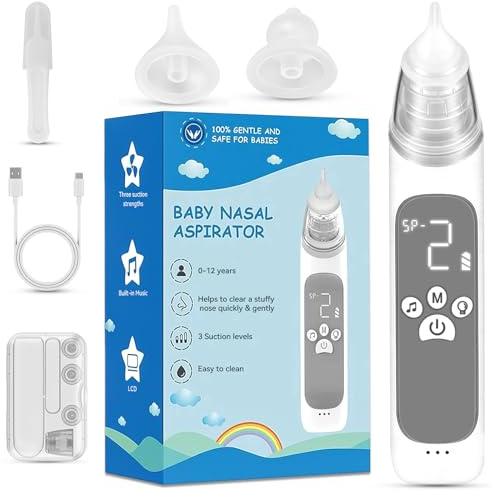 Aspirador Nasal Eléctrico para Bebé, Recargable, Limpiador de Nariz de Bebé, Aspirador de Succión de Nariz de Bebé, con 3 Boquillas de Silicona y 3 Niveles de Succión, Gris