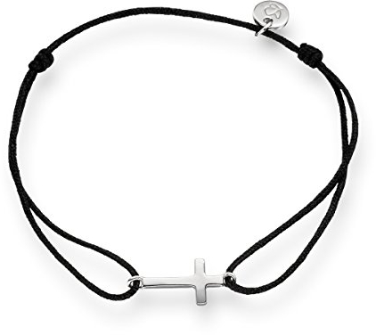 GLANZSTÜCKE MÜNCHEN Damen-Textilarmband schwarz Kreuz Sterling Silber 15-22 cm - Armbändchen Armband mit Anhänger Stoffbändchen Armkettchen Textil