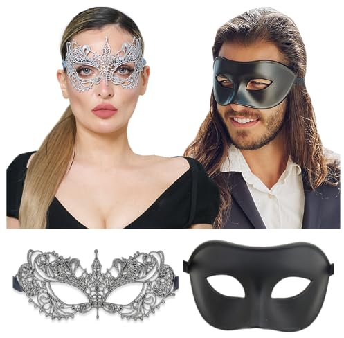 Paar-Maske, passende sexy Maske für Männer und Frauen, für Maskerade-Party, Karneval, venezianische Party, Abschlussball, Halloween, schwarz/silberfarben, Einheitsgr��e