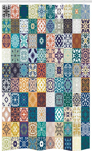 ABAKUHAUS Marokkanisch Schmaler Duschvorhang, Tunesische Original-Ost, Badezimmer Deko Set aus Stoff mit Haken, 120 x 180 cm, Teal Mehrfarbig