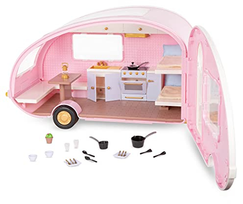 Lori Camper Set, Zubehör für 15 cm Puppen – Wohnwagen Puppenzubehör mit Möbel, Kochzubehör, Decken, Kissen und mehr – Spielzeug für Kinder ab 3 Jahre