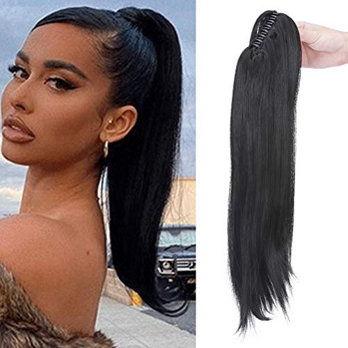 Ponytail Extension Haarteil Zopf Pferdeschwanz Hair Piece mit Klammer Glatt Leicht gewellte Schwänze wie Echthaar 55.8cm Dunkles Schwarz