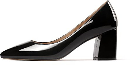 Elashe Femme Talon Moyen Escarpins, Bout Pointu 6.5CM Block Heel Pumps, Classique A Enfiler Pumps Mariage Soirée Verni NoirEU39